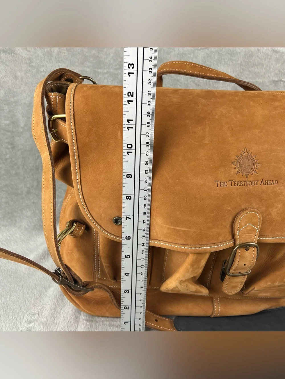 TERRITORY AHEAD Messenger Bag Tan Brown Heavy Saddle Leather Briefcase USA Made